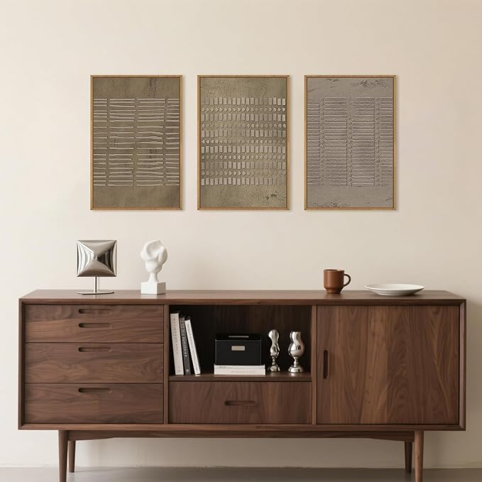 Large Abstract Brown Beige Framed Canvas Wall Art,Modern Lines Dots Wall Decor,Boho Neutral Minimalist Artwork,Mid Century Geometric Art Print for Living Room,Bedroom,Office- 24"x36"x3