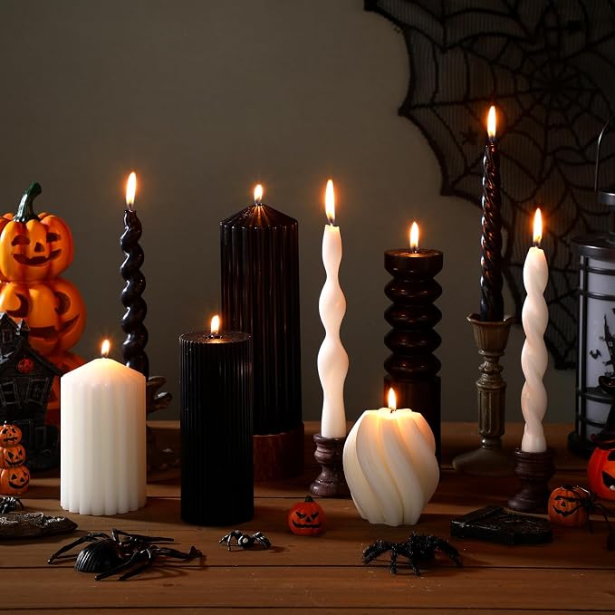 Nuanchu 9 Pcs Modern Decorative Candles Set 5 Pillar Aesthetic Ribbed Candles 4 Spiral Taper Twisted Candlesticks Scented Smokeless Soy Wax for Wedding Holiday Dinner Home Decoration(Halloween Color)