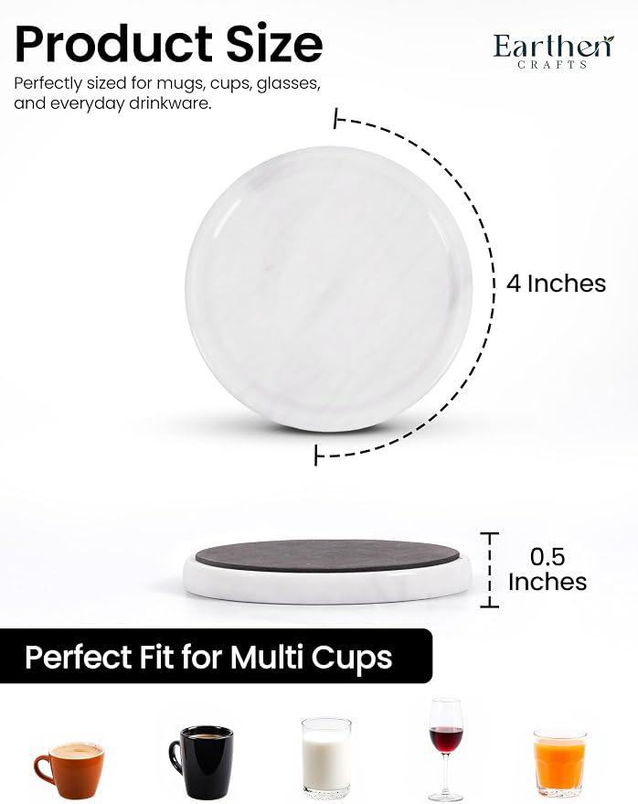 Marble Coasters Set of 4 for Drinks Countertop 4 Inches Round White Stone Drink Coaster for Kitchen Counter, Ideal for Home Decor House Warming Gifts
