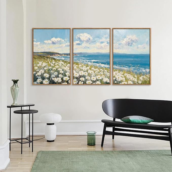 KYLESONLIE Large Summer Wildflower Framed Canvas Wall Art, Cozy White Daisy Wall Decor, Impressionist Coastal Art Paintings, Pastel Seaside Landscape Artwork for Living Room Bedroom Office 16"x24"x3