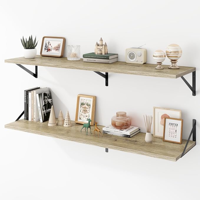 Acovy Deep Floating Shelves Wall Mounted, 48"x12" Gray Wall Shelves with Brackets Set of 2 for Bedroom, Living Room, Bathroom, Kitchen, Office - Storage & Display Shelf for Decor, Books, Plants