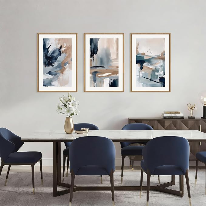 Aryroi Abstract Navy Blue Framed Canvas Wall Art Set,Neutral Brush Stroke Wall Decor,Watercolor Pastel Brown Artwork,Modern Minimalist Color Block Art Print For Living Room,Bedroom,Office-24 x36 x3