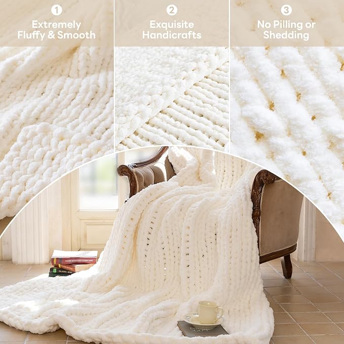 Chunky Knit Blanket - Luxury Soft Cozy 50 * 60 Throw Blanket,100% Woven Blanket Rope Knot Throw Blanket for Couch, Sofa, Home Decor, Gift - Machine Washable (Ivory White, 50 * 60)
