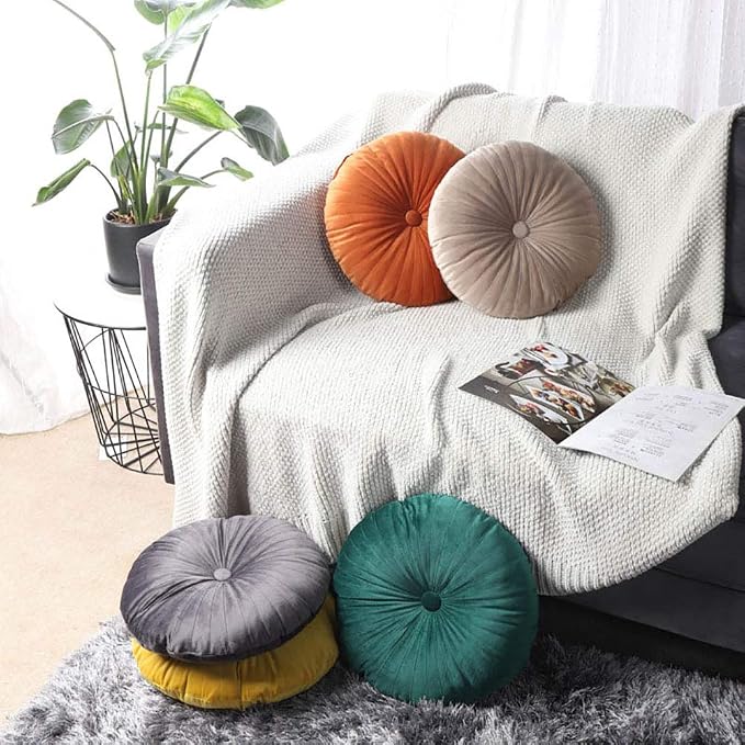 Teieas Velvet Round Throw Pillow Pleated Round Pillow Cushion Decoration for Couch Chair Bed Car Orange