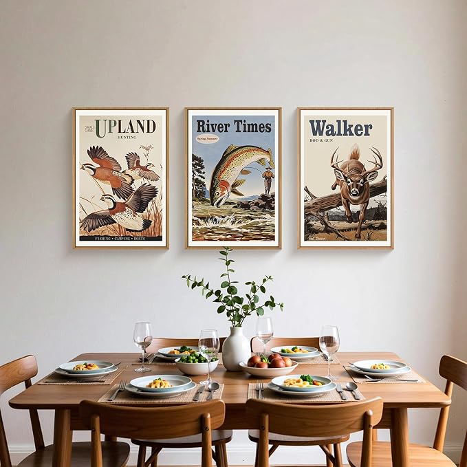 LHIUEM Vintage Hunting Framed Canvas Wall Art,Retro Deer Wild Birds Fishing Wall Decor,Nature Wilderness Posters Artwork for Living Room,Bedroom,Dining Room,Farmhouse -16"x24"x3