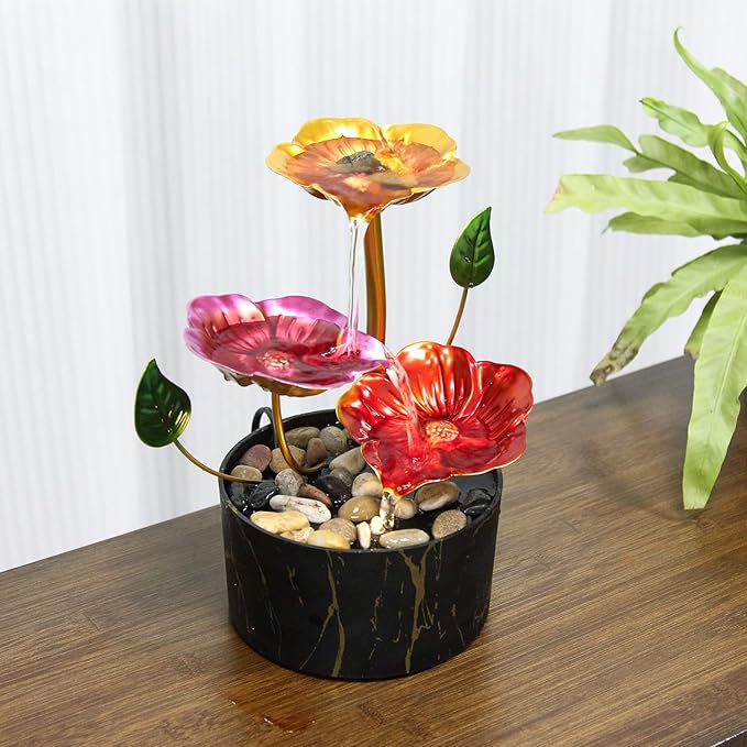 Desk Fountain Indoor Waterfall Fountain Flowers Themed 3-Tier Tabletop Fountain Home Decor Soothing Sound Machine(Galsang)