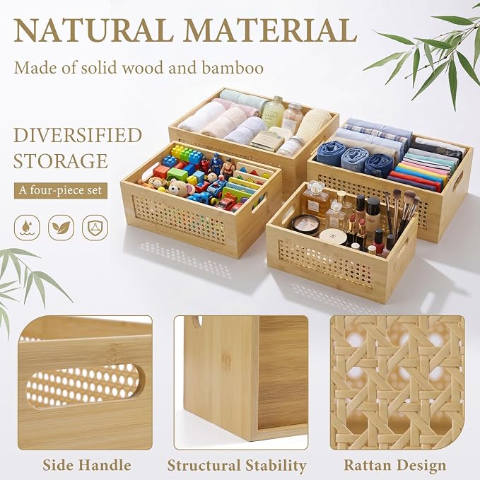 Wooden Storage Basket Set of 4 Handmade Rattan Drawer Storage Box with Frame & Handles Decorative Natural Bamboo Woven Bins Rustic Farmhouse Decor Home Office Tabletop Shelf Organizer, Natural