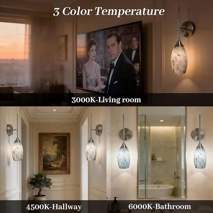 Brushed Nickel Battery Operated Wall Sconces Set of 2, Rechargeable Wireless Wall Lights, Touch & Remote Control, Dimmable 3 Color Temperatures, Magnetic Mount Hand-Blown Glass Sconce