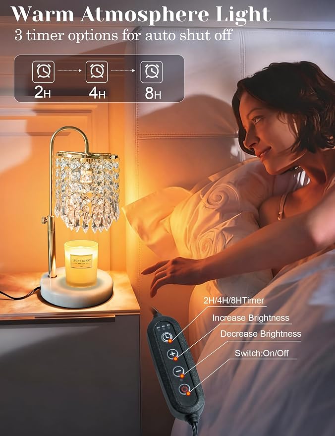Candle Warmer Lamp with Timer Dimmable, Birthday Gifts for Women, Wax Melt Warmer for House Warming Gifts New Home Decor, Adjustable Height Crystal Candle Lamp for Jar Candles with 3 Bulbs, Gold