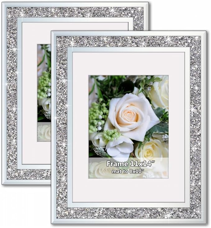 Crushed Diamond Wedding Mirror Photo Frame, Crystal Silver Glass Picture Frame For Photograph Size 11x14 inch With Mat for 8x10 inch, Pack of 2 Pieces Wall Frame. Bling Sparkle Diamond Home Decor.
