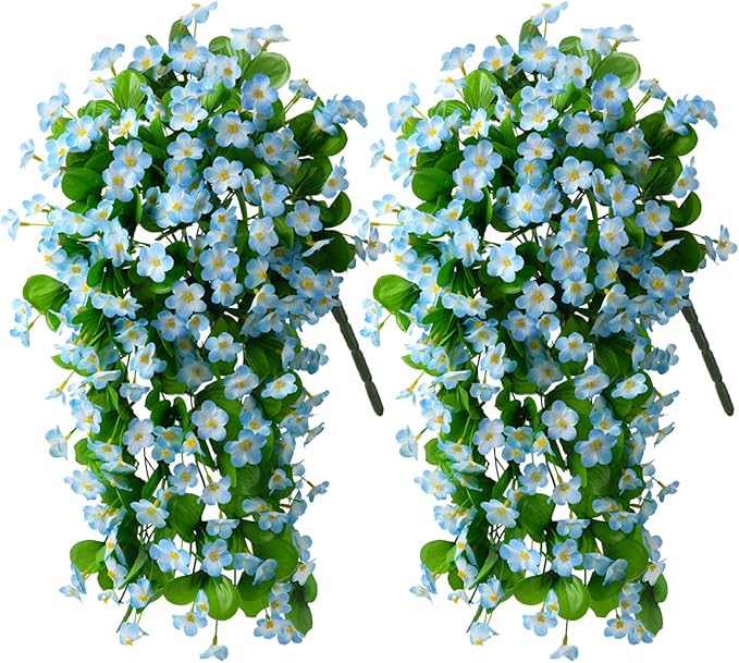 ZFProcess Artificial Fake Hanging Flowers Plants for Outdoor Spring Decoration, 2PCS Faux Silk Violet UV Resistant Look Real Trailing Vines for Outside Home Planter Porch Patio(Blue)
