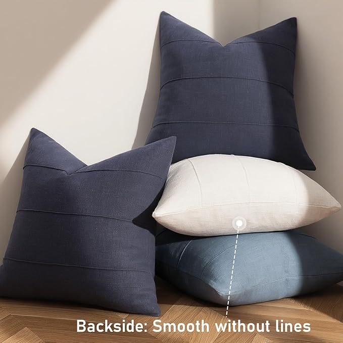 ZWJD Decorative Linen Throw Pillow Covers 26x26 Set of 2 Solid Handcrafted Striped Cushion Covers for Bed Soft Modern Farmhouse Neutral Pillowcase for Couch Bedroom Living Room Home Decor(Dark Navy)