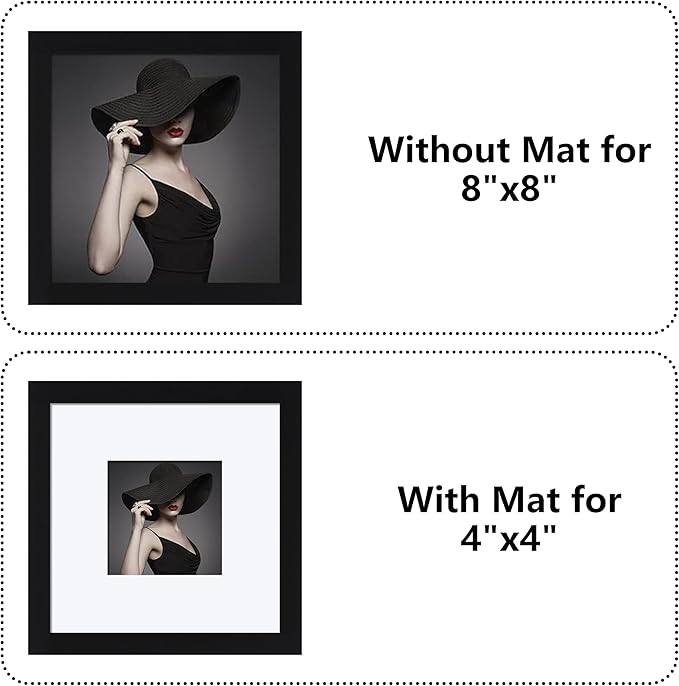 CORE ART 8x8 Picture Frame Set of 4, Display Pictures 4x4 with Mat or 8 x 8 without Mat, Multi Photo Frames Collage for Wall or Tabletop Display, Black