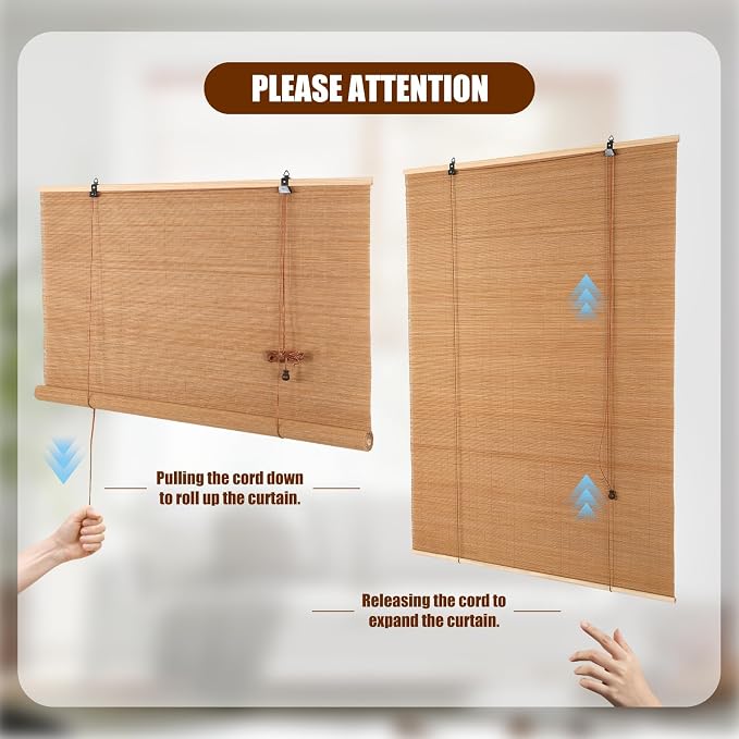 Outdoor Bamboo Roller Blinds Shades, Vertical Lifting and Breathable Waterproof Design, Sun Shade, Blackout and Ventilation, Easy Installation,24" W×64" H