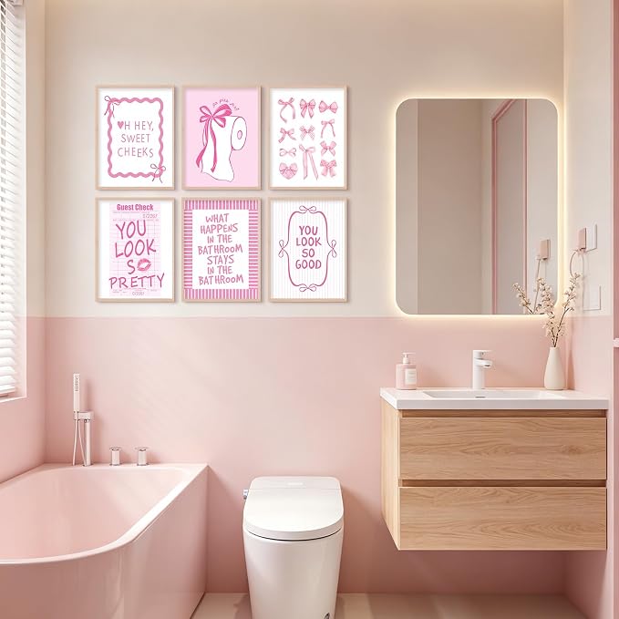 Pink Bow Bathroom Wall Art Decor Girl Coquette Posters Preppy Cute Pictures | Girly Bathroom Canvas Wall Art Pink Bowknot Aesthetic Poster Toilet Paper Prints for Washroom Restroom 12x16x6 Inch Unframed