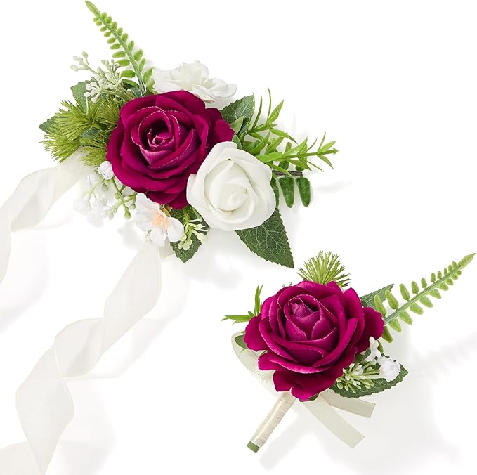 Alecono Fuchsia Corsage and Boutonniere Set, Hot Pink Corsage Wristlet for Bridesmaids, Boutonniere for Groom Groomsmen, Prom Wedding Accessories Suit Decorations
