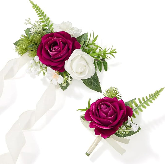 Alecono Fuchsia Corsage and Boutonniere Set, Hot Pink Corsage Wristlet for Bridesmaids, Boutonniere for Groom Groomsmen, Prom Wedding Accessories Suit Decorations