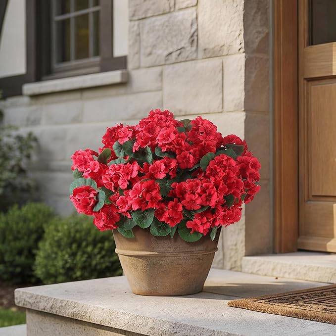 GLIDLION 12 Bundles Artificial Geranium Flowers for Spring Summer Decor, UV-Resistant Fake Plants Realistic Faux Silk Bouquets for Front Door Farmhouse Garden Porch Home Outdoor Decor (Red)