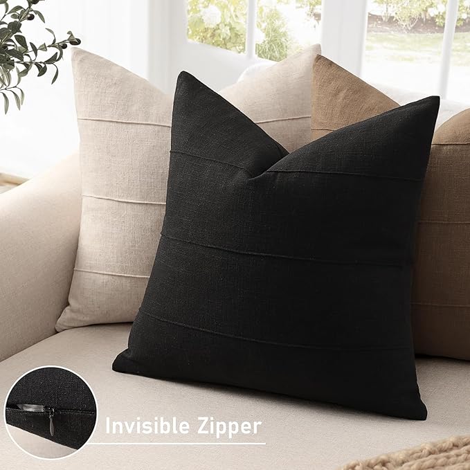 ZWJD Decorative Linen Throw Pillow Covers 26x26 Set of 2 Solid Handcrafted Striped Cushion Covers for Bed Soft Modern Farmhouse Neutral Pillowcase for Couch Bedroom Living Room Home Decor(Black)