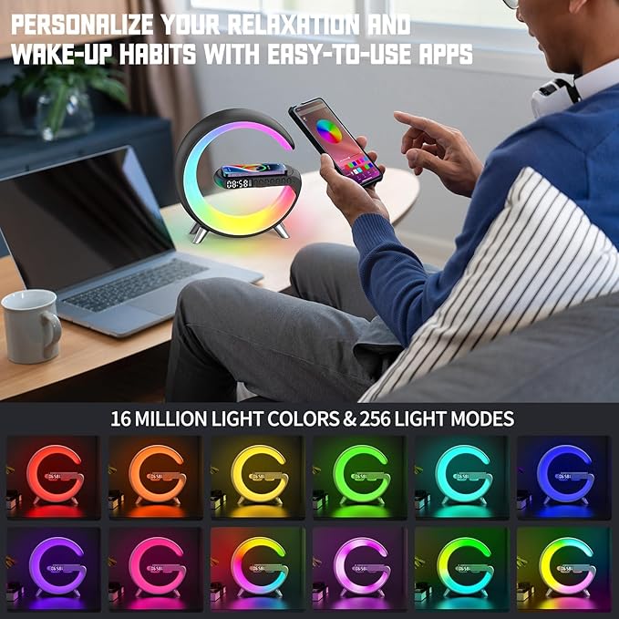 Smart LED Table Lamp, 4-in-1 Wireless Charger, Night Light, Alarm Clock, and Bluetooth Speaker with App Control for Bedroom, Office, and Home Decor (Black)