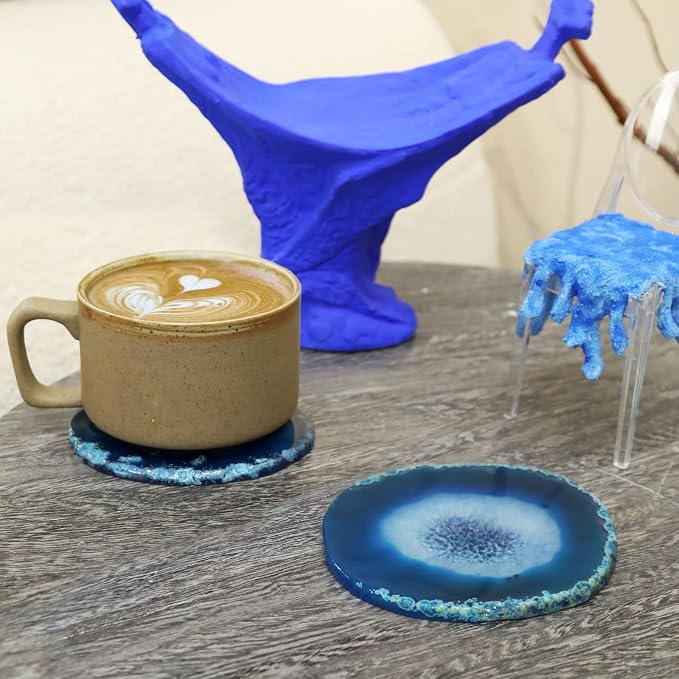 Blue Geode Agate Coasters for Drinks Set of 4 | Natural Stone Coasters 3.5-4", Decorative Gemstone Coasters for Coffee Table, Bar or Desk, Housewarming Gift for Friends