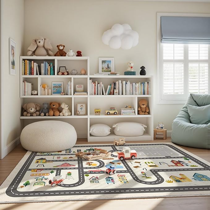 4x6ft Kids Town Road Play Rug - Non-Slip Faux Wool Carpet with Interactive City Map Design, Educational Toy Vehicle Mat for Kids, Bedroom Playroom Nursery Gift.