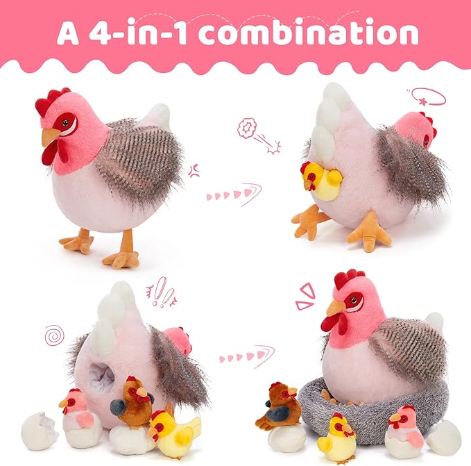 MaoGoLan 8Pcs Chicken Stuffed Animals, Stuffed Laying Hen Chicken Plush Toys with 3 Babies Chickens and 3 Eggs,1 Nest House Plush Set, Cute and Soft Farm Stuffed Animals Gift for Kids,Girls,Boys,Pink