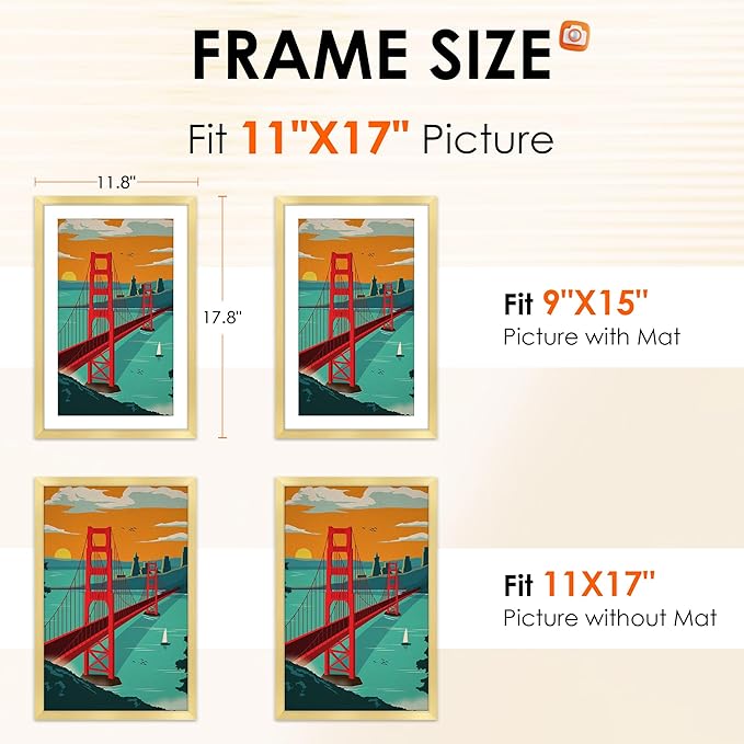 FIXSMITH 11x17 Picture Frame Gold Set of 2, Photo Frame with HD Plexiglass, Display Pictures 9x15 with Mat or 11x17 Without Mat, Gold Picture Frames Collage Wall Decor, Gallary Wall Frame