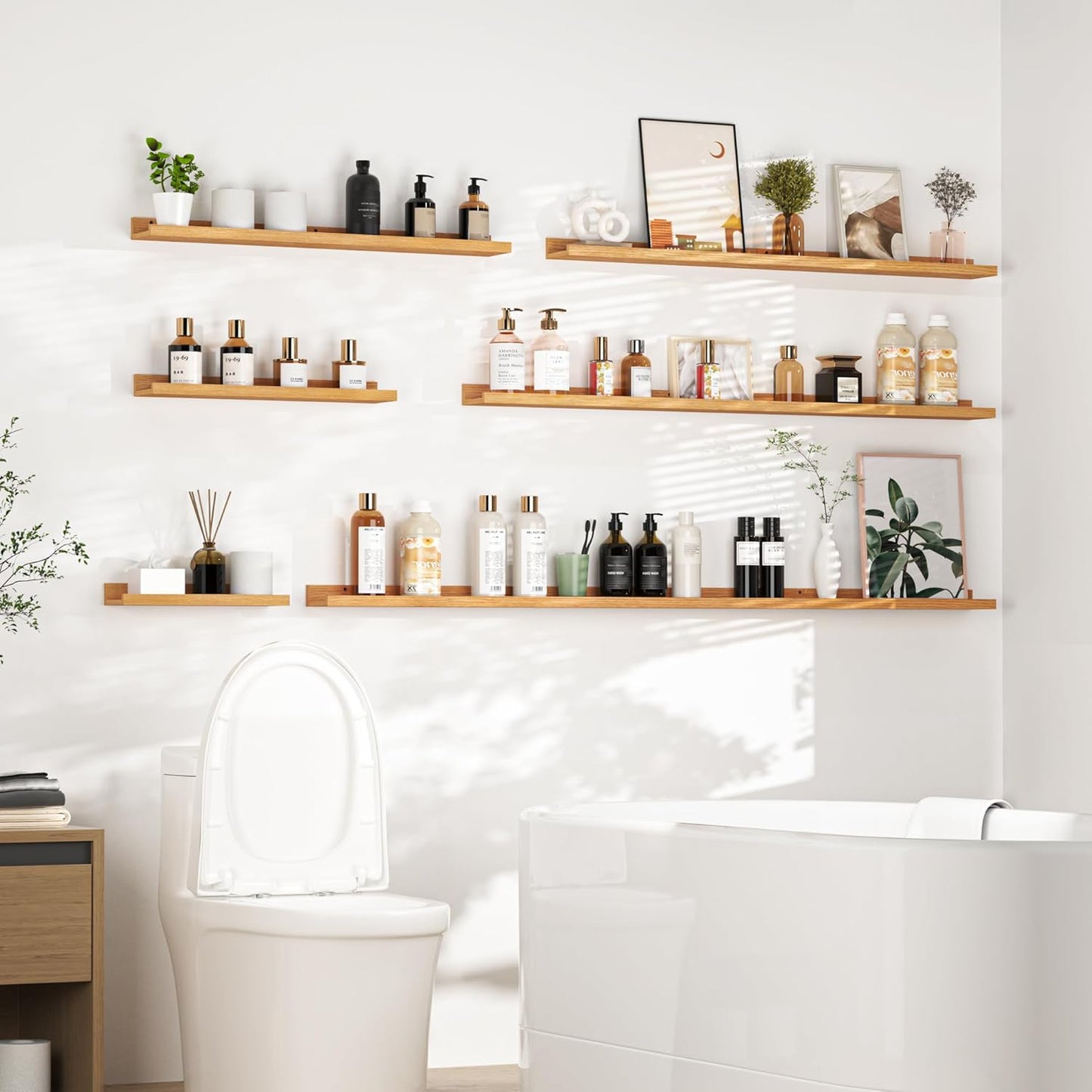 Heimlove Picture Ledge Shelf, Floating Shelves Set of 2, 56 Inches Picture Shelf for Wall with Ledge, Kids Bookshelf Wall Mounted for Living Room Bedroom Decor Books Photo Frames, Natural Oak