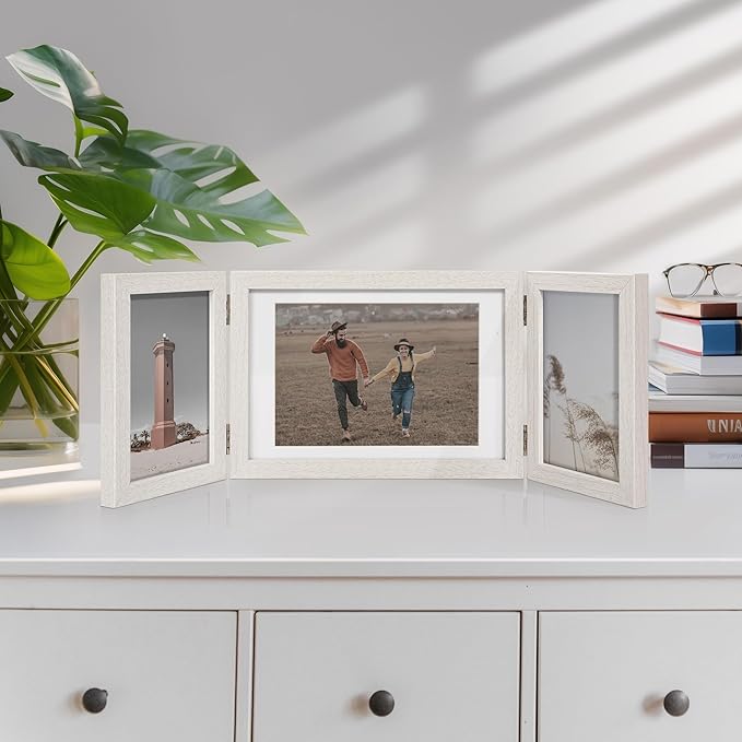 Afuly 3 Picture Frame 5x7 4x6 Triple Hinged Picture Frames White Folding Photo Frames Collage 3 Opening for Tabletop Desk Display Unique Gifts for Christmas Women Mom Couple Family, 2 * 4x6+1 * 5x7