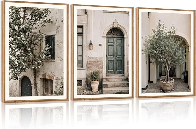 HPNIUB Large Vintage Italy City Landscape Framed Canvas Wall Art Set, Olive Green Tree Country Wall Decor, Modern Minimalist Countryside Villages Picture for Living Room,Bedroom,Office-24 x36 x3