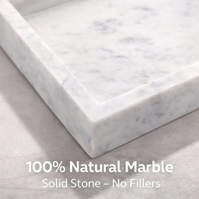 Natural White Marble Tray, 12" x 8", Rectangular | Stone Organizer, For Bathroom, Kitchen, Vanity, Desktop, For Coffee Table, Dresser, Nightstand