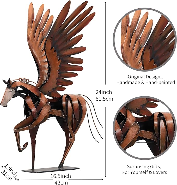 SunBlogs Art Horse Statue Décor Artwork, 24" H Handmade Metal Pegasus Greek Flying Horse Sculpture, Hand-Painted Animal Figurines for Home Living Room Office (Brown with Wings)
