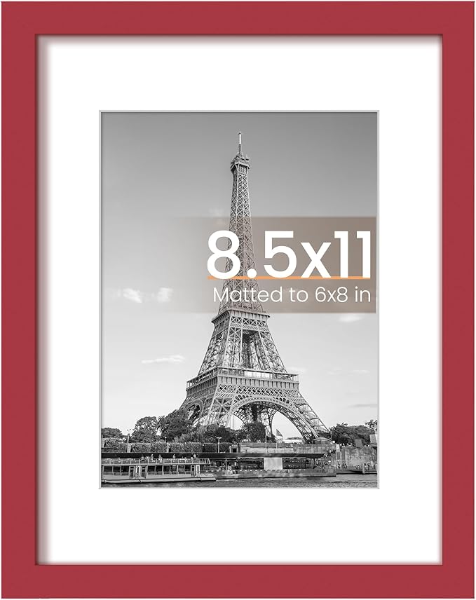 upsimples 8.5 By 11 Picture Frame, Display Pictures 6x8 with Mat or 8.5 x 11 Without, Wall Hanging Photo Frames, Red, 1 Pack
