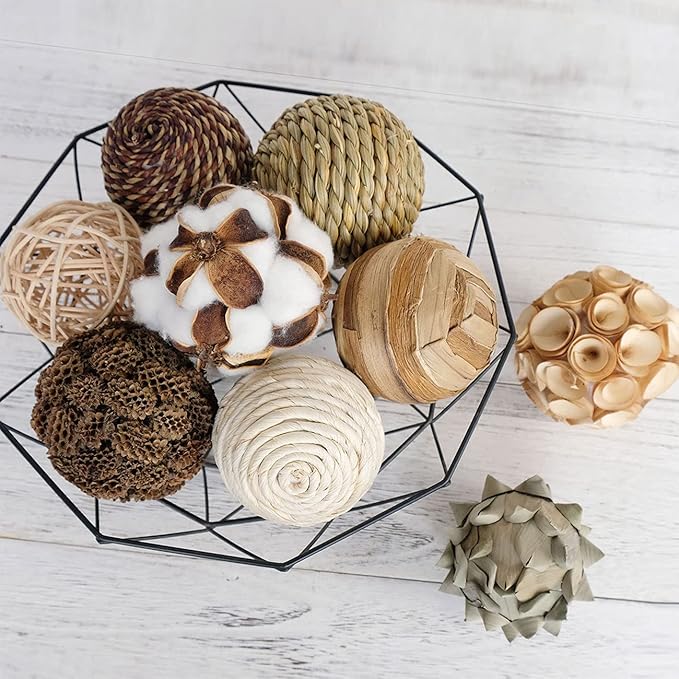 Decorative Balls Spherical Assorted 9pcs Brown White Orbs Rustic Natural Twig Rattan Woven Cotton Balls for Vase Bowl Filler Tabletop Decor Home Party Wedding Display