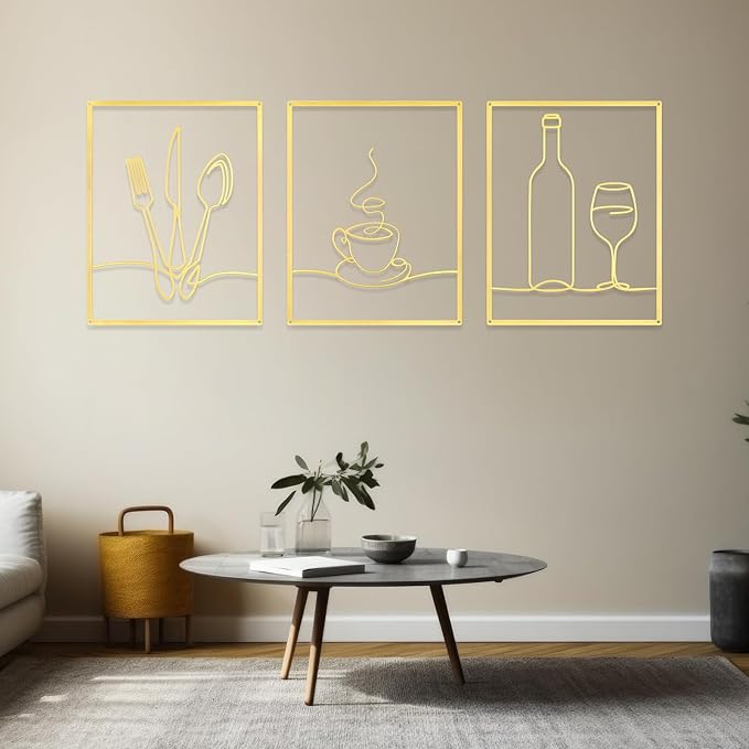 Otoolling 3 Pieces Metal Minimalist Line Kitchen Signs Wall Decor Drawing Rustic Kitchen Wall Art for Dining Living Room Home, 14 x 11 Inches(Dining Room,Gold)