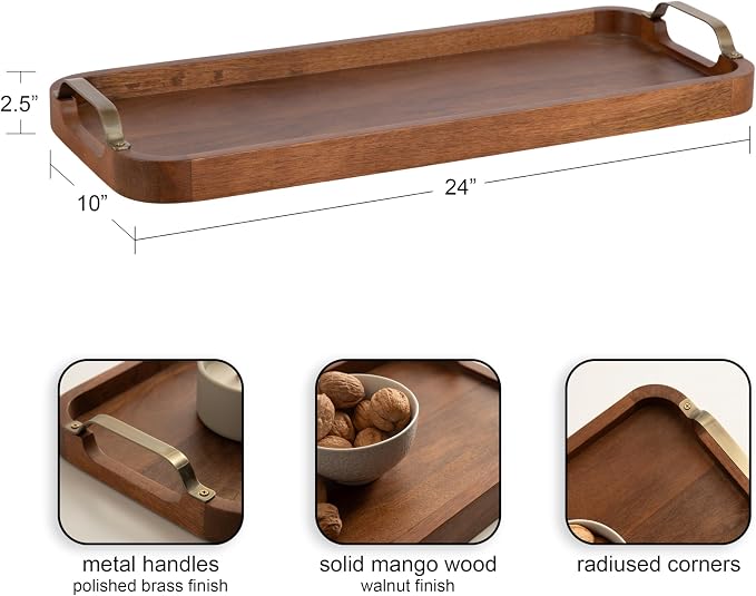 Kate and Laurel Farson Modern Decorative Wood Rectangle Tray with Handles; 10 x 24; Walnut Brown and Antique Brass; Transitional Rectangular Tray for Use as Entryway Tray Decor or Ottoman Serving Tray