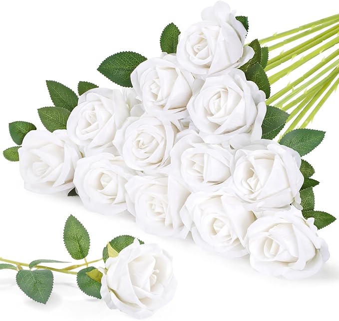 Lifewit Classic White Artificial Roses Flowers, Faux Long Stem Silk Roses Bulky for DIY Wedding Bouquets Decoration, Centerpieces Arrangements, Velentine,12 Pcs