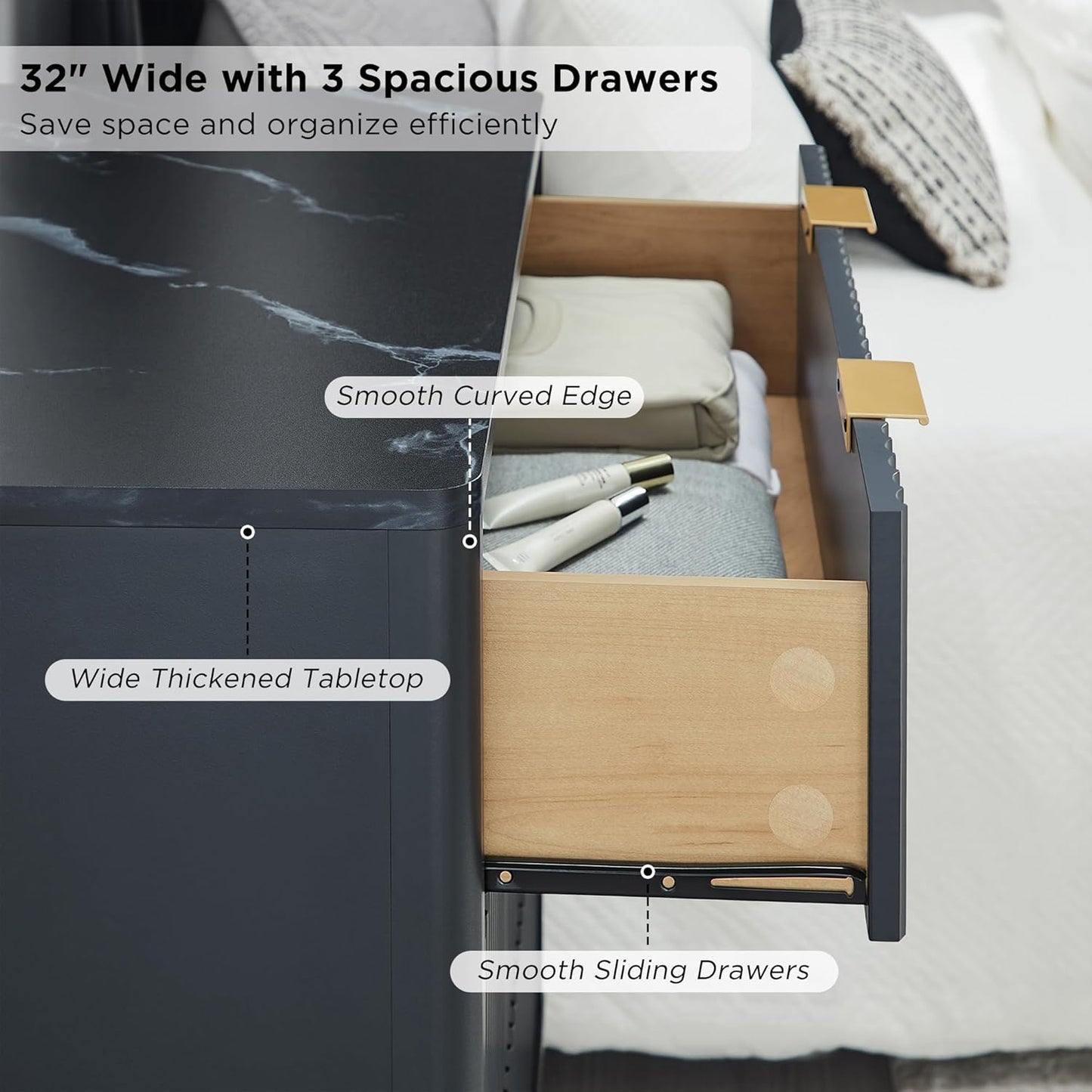 T4TREAM 32" Tall Fluted Nightstand Set of 2, Modern Side Table with Faux Marble Top, 3 Drawers End Table w/Storage, Bedside Table for Bedroom, Living Room, Curved Profile Design, Dark Grey