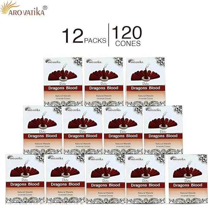 ARO VATIKA Vedic Dragons Blood Natural Masala 120 Incense Cones in Pack of 12 Boxes |12 Assorted Fragrances Dhoop Cones | Best for Prayer, Reiki, Meditation and Relaxation | Burn time- 25 Mins