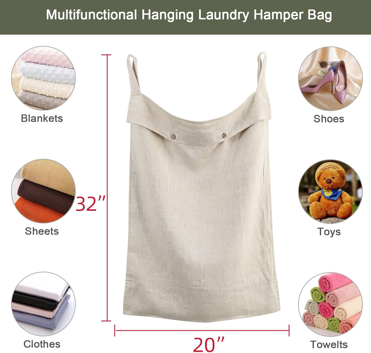 Linen Hanging Laundry Bag, 100% Linen Over The Door Laundry Hamper with Buttons and Zipper, Space Saving Door Hampers for Laundry Dirty Clothes Home Travel, Linen