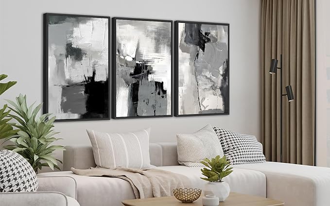 Large Framed Canvas Wall Art - Retro Grey Graffiti Pictures for Living Room Rustic Abstract Wall Decor Vintage Prints for Bedroom Dinning Room Black Float Framed 24" X 36" X 3 pcs