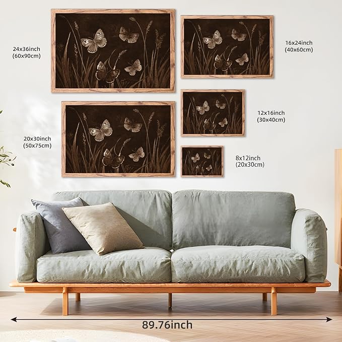 KBBYT Large Framed Wall Art Dark Academic Decor Vintage Butterfly and Grass Poster Canvas Print Rustic Farmhouse Painting Picture Wall Decor for Living Room Bedroom Home Kitchen 24x36inch Wood Framed