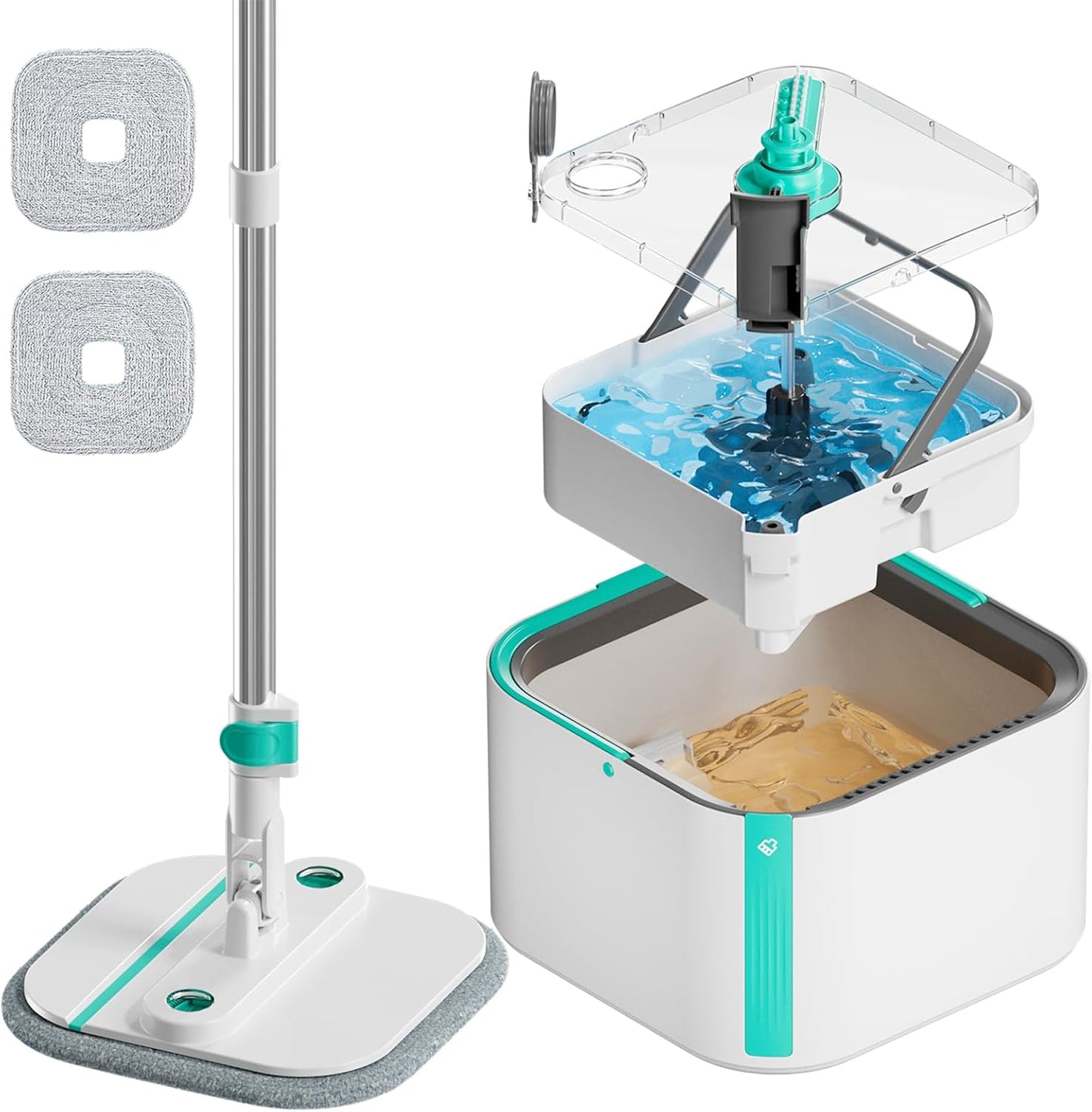Upgraded Spin Mop and Bucket Set Self-Standing Mop Bucket Separate Dirty and Clean Water System Self Wringing 360° Rotating 90° Foldabl Mops and Buckets for Floor Cleaning (Blue, 2Pads)
