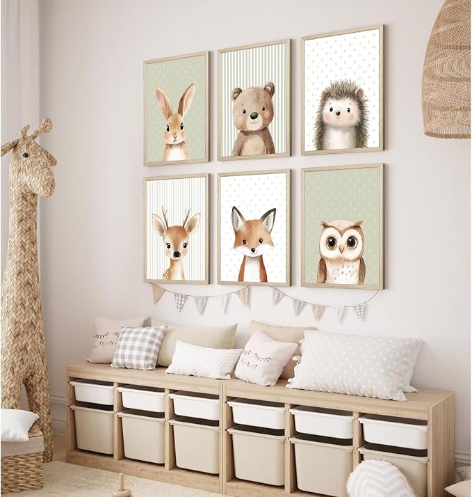 Woodland Animal Nursery Wall Art Decor Baby Kids Canvas Poster Safari Animal Wall Decor Jungle Forest Prints Bear Fox Deer Pictures Sage Green Painting Neutral Artwork for Bedroom 8x10x6 Inch Framed