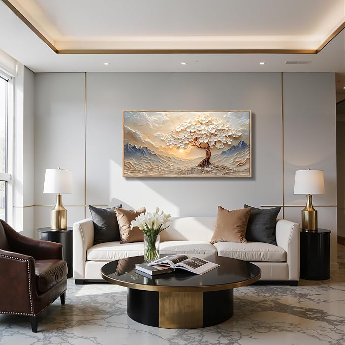imjiayu Large Framed Wall Art, Landscape Wall Art, Tree of Life Wall Decor, Modern Japanese Aesthetic Canvas Prints, White Mountain Paintings for Living Room Bedroom Office Home Decorations 20"x40"