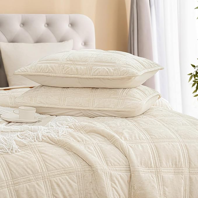 PHF Ultra Soft Velvet Quilt Set Queen Size – 3PCS Luxurious Cozy Quilted Comforter Alternative with Diamond Pattern, Warm Quilted Bedspread Coverlet, 90" x 92", Sand