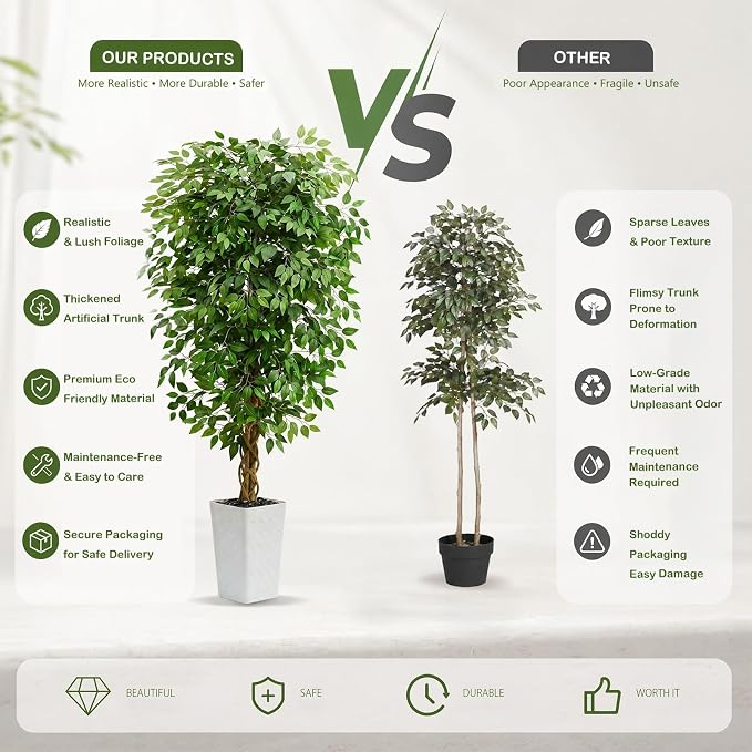 Artificial Ficus Tree 6FT Faux Floor Tree with Planter UV Resistant Potted Fake Silk Plant - Indoor Outdoor Lifelike Fake Ficus Tree for Home, Living Room Bedroom Topiary Tree