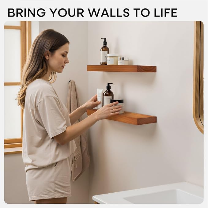 Homeforia 12 inch Oak Floating Shelf, High End Solid Real Wood 12inch Small Floating Shelves for Wall Mounted, Honey Oak Wooden 12in Floating Shelves, Heavy Duty Bracket, 12 X 6.5 X 1.75 in, Set of 3