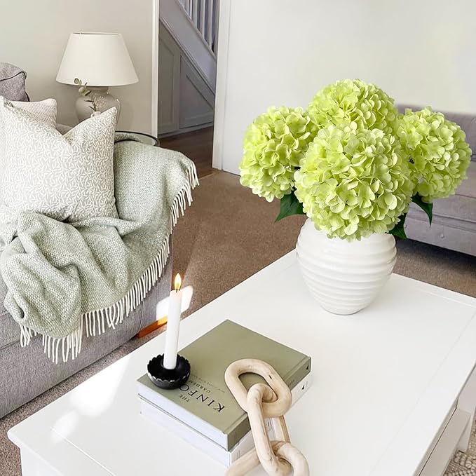 JINWOE Light Green Hydrangea Artificial Flowers, 4Pcs 22" Large Lifelike Faux Silk Flowers, Full Artificial Hydrangeas for Bouquet Table Centerpieces Indoor Spring Outdoor Home